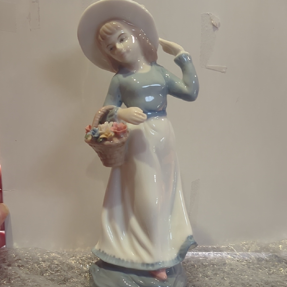 Elegant Ceramic Lady Figurine with Basket - Blue and White